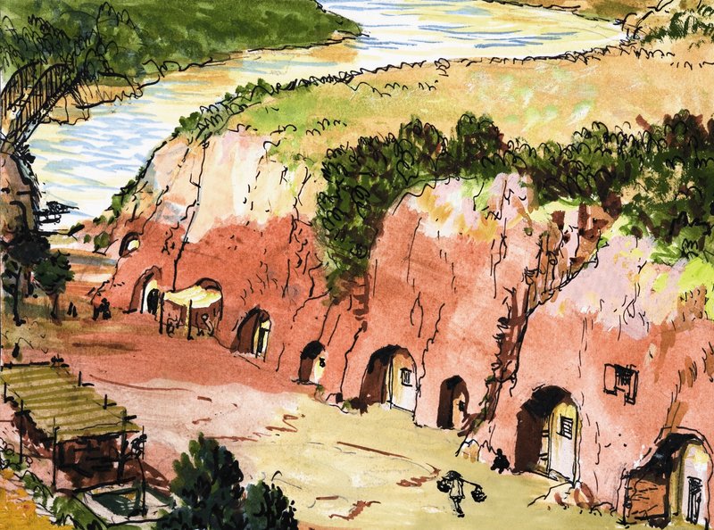 Cave Settlement by River by English School