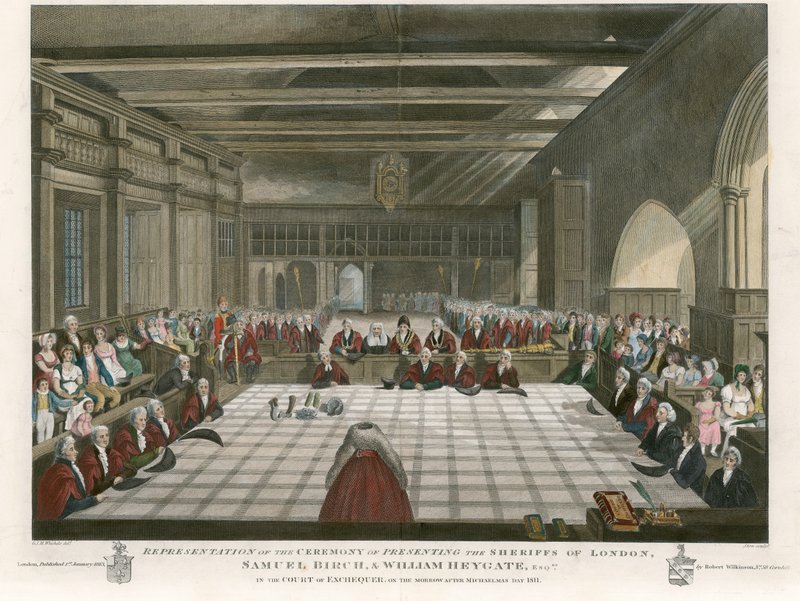 Ceremony of Presenting the Sheriffs of London, Samuel Birch and William Heygate, in the Court of Exchequer, on the Morrow after Michaelmas Day, 1811 by English School