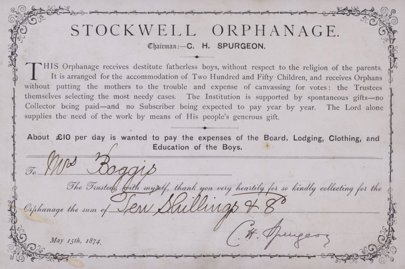 Certificate of thanks for a donation to the Stockwell Orphanage, London, 1874 by English School