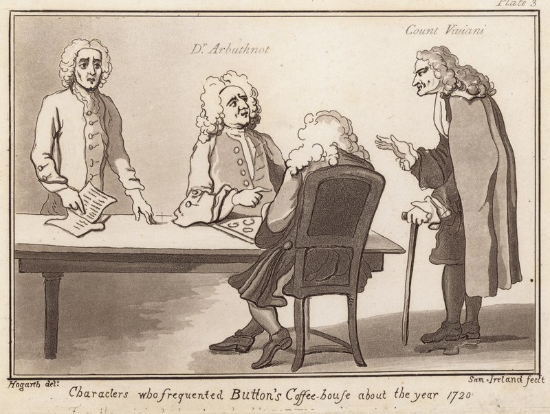 Characters who frequented Buttons Coffee House about the year 1720: Dr Arbuthnot, Count Viviani by English School