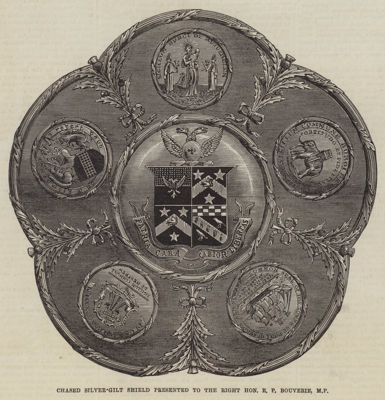 Chased Silver-Gilt Shield presented to the Right Honourable E P Bouverie, MP by English School