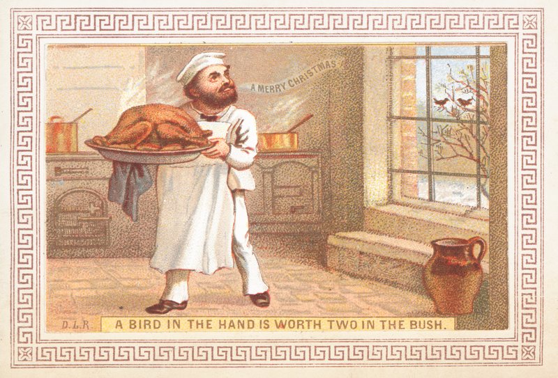 Chef holding turkey platter, Christmas Card by English School
