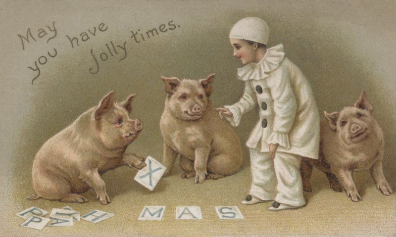 Child in a Pierrot Costume with Three Pigs, Christmas Card by English School