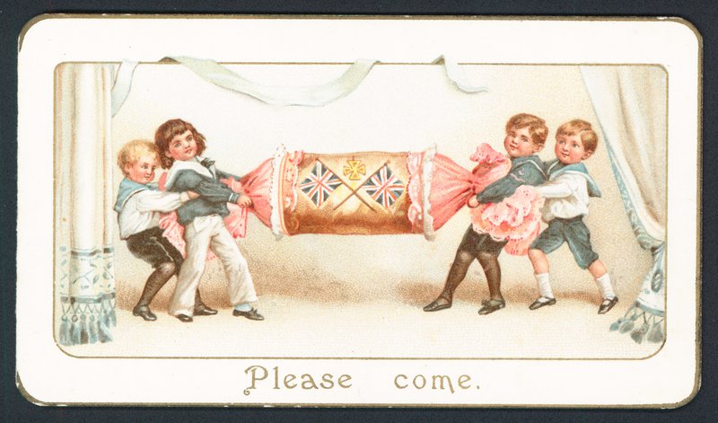 Christmas card with children pulling a cracker by English School