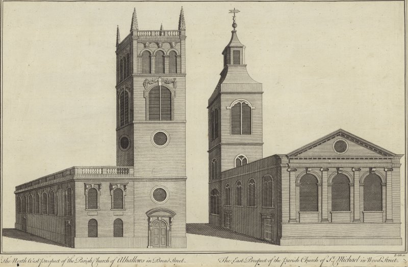 Church of Allhallows in Bread Street and Church of St Michael in Wood Street, London by English School