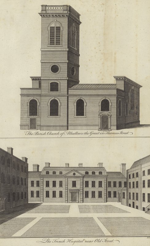 Church of Allhallows the Great, Thames Street and the French Hospital near Old Street, London by English School