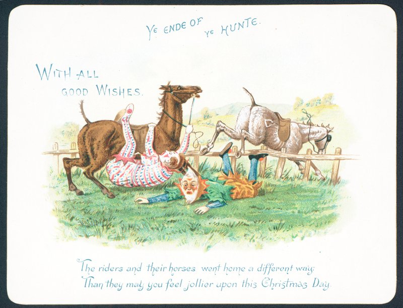 Clowns Falling Off Their Horses While Hunting, Christmas Card by English School