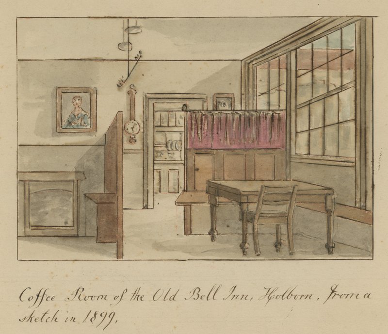 Coffee Room of the Old Bell Inn, Holborn, London, from a sketch in 1899 by English School