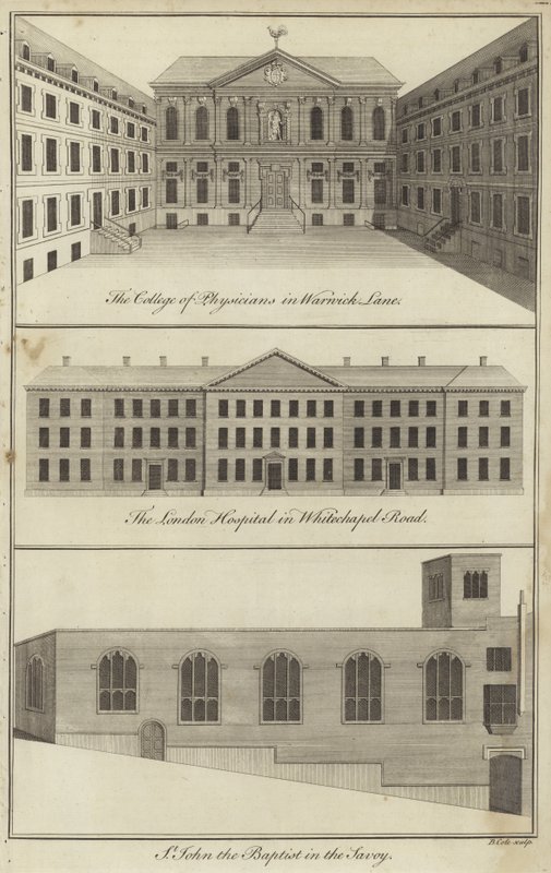 College of Physicians in Warwick Lane, the London Hospital in Whitechapel Road and the Church of St John the Baptist in the Savoy, London by English School