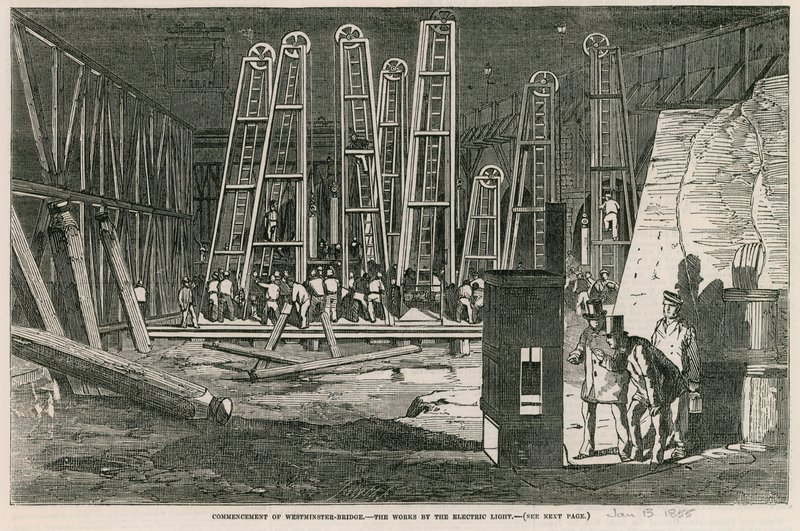 Commencement of Westminster Bridge, the Works by Electric Light by English School