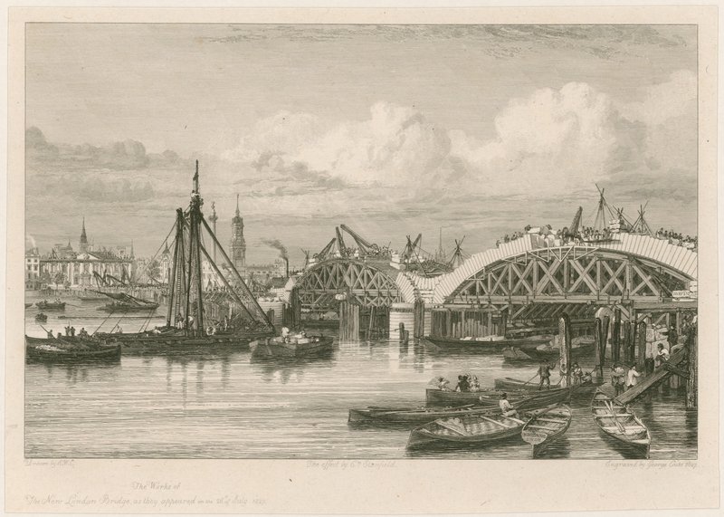 Construction of New London Bridge, 26 July 1827 by English School