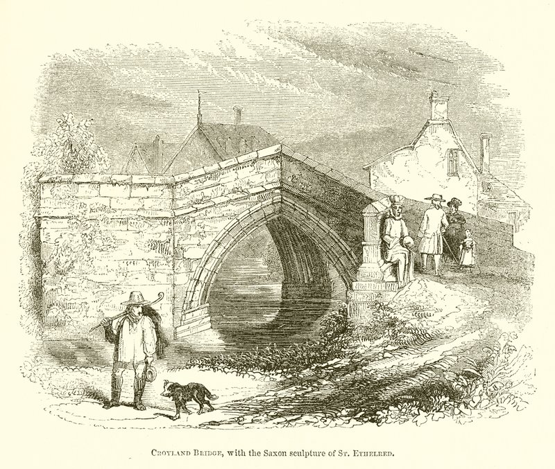 Croyland Bridge, with the Saxon Sculpture of St. Ethelred by English School