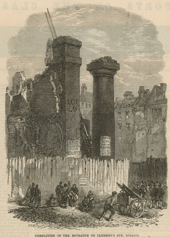 Demolition of the entrance to Clements Inn, Strand, London by English School