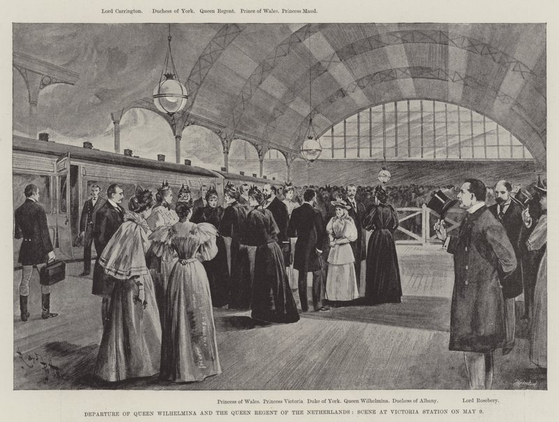 Departure of Queen Wilhelmina and the Queen Regent of the Netherlands, Scene at Victoria Station on 9 May by English School