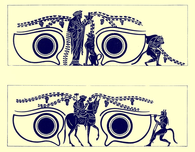 Dionysos, Hephaistos and Satyrs, illustration from Greek Vase Paintings by J. E. Harrison and D. S. MacColl, published 1894 by English School