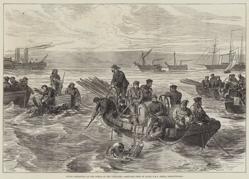 Diving Operations at the Wreck of the Vanguard, sketched from on Board HMS Amelia Despatch-Boat by English School