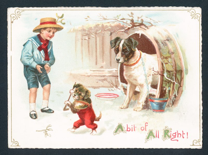 Dog, Puppy and Boy Playing in the Snow by English School
