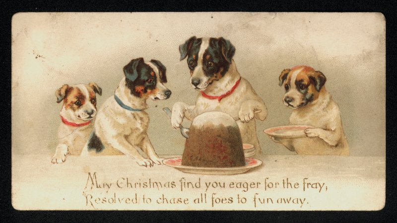 Dogs Serving Up a Christmas Pudding, Greetings Card by English School