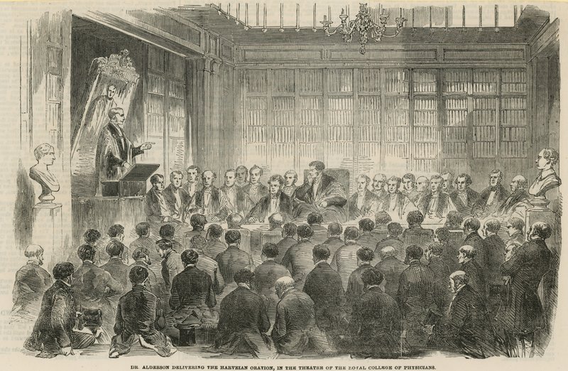 Dr Alderson delivering the Harveian Oration in the theatre of the Royal College of Physicians by English School
