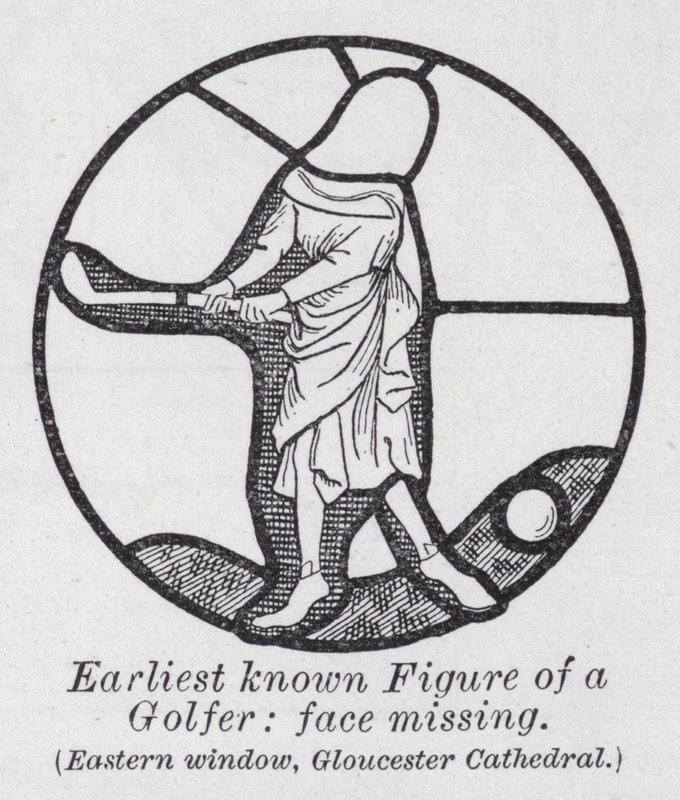 Earliest known figure of a golfer, face missing, Eastern window, Gloucester Cathedral by English School