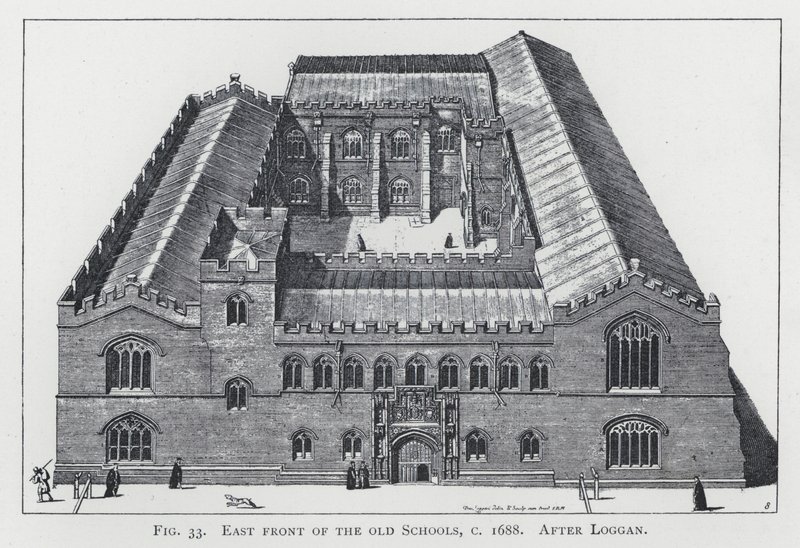 East front of the old Schools, c 1688 (after Loggan) by English School