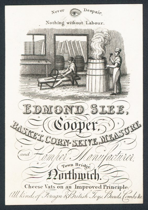 Edmond Slee, cooper, basket, corn sieve, measure and hamper manufacturer, trade card by English School