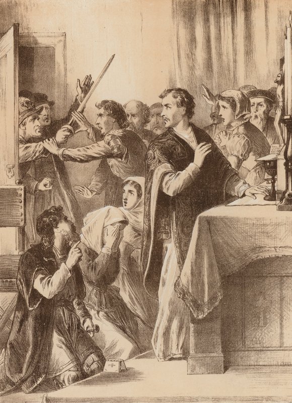 Edmund Genings, "Broke open the chamber door where he was celebrating" by English School