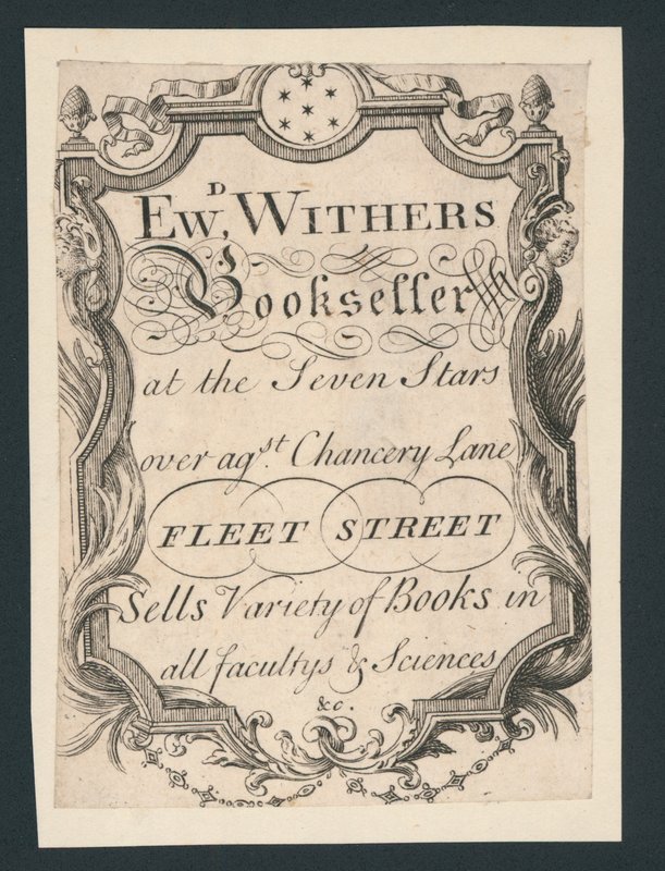 Edward Withers, Bookseller, Chancery Lane, Fleet Street, trade card by English School
