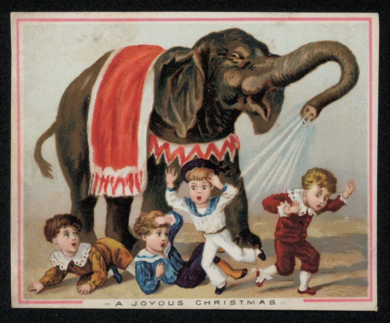Elephant Playfully Showering Children with Water, Christmas Greetings Card by English School
