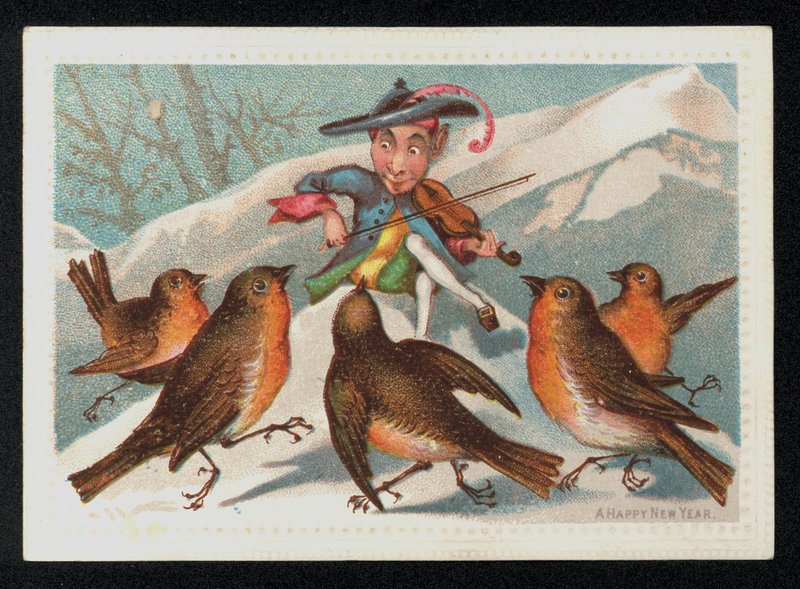Elf with a Fiddle Entertaining a Group of Robins, New Year
