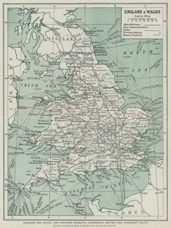 England and Wales, Map Showing Products, Commercial Centres and Transport Routes by English School