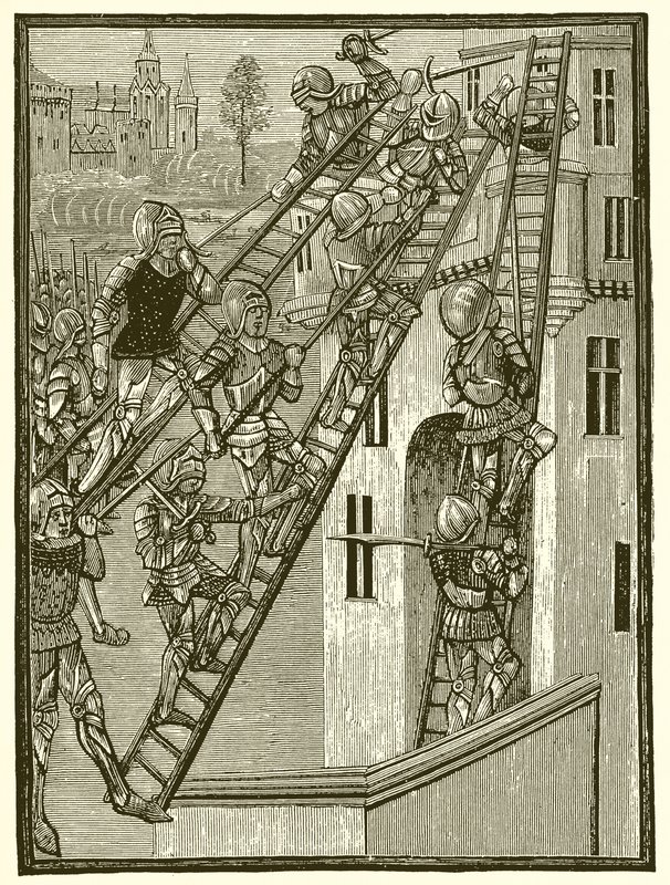 English Soldiers Scaling a Fortress in Gascony, Temp. Edward III by English School