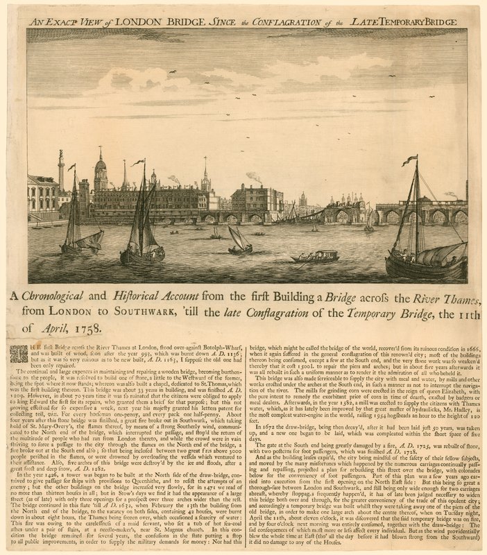 Exact View of London Bridge since the Conflagration of the Late Temporary Bridge, 11 April 1758 by English School