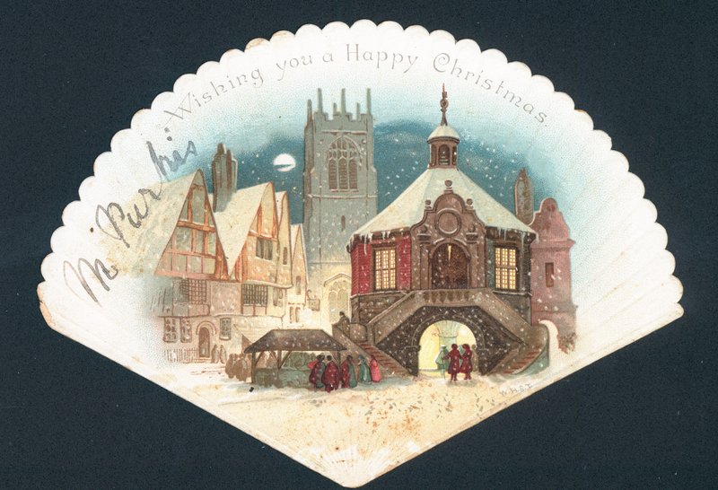 Fan-shaped Victorian Christmas card by English School