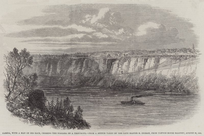 Farina, with a Man on his Back, Crossing the Niagara on a Tightrope, from Clifton House Balcony, 29 August 1860 by English School