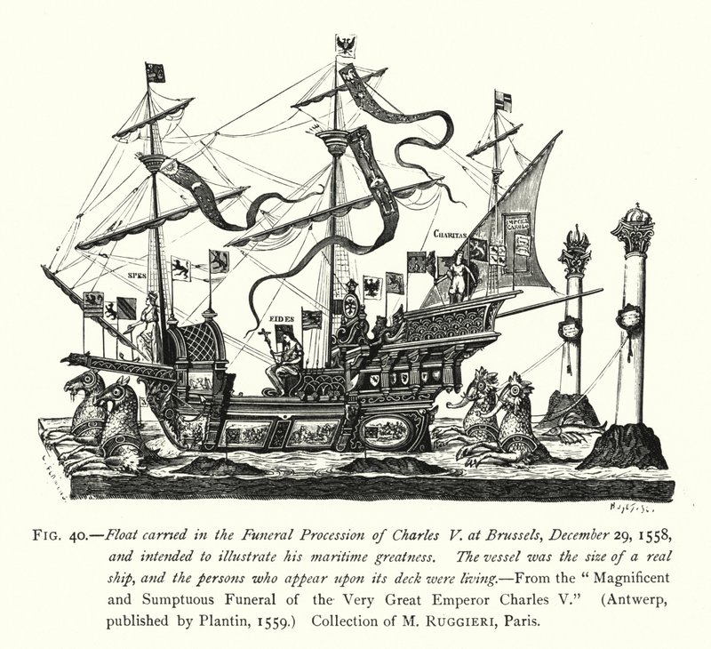 Float Carried in the Funeral Procession of Charles V at Brussels, 29 December 1558, and Intended to Illustrate His Maritime Greatness by English School