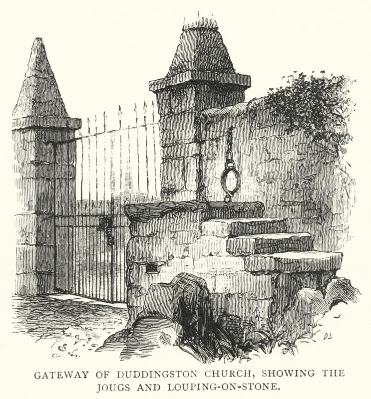 Gateway of Duddingston Church, showing the Jougs and Louping-on-Stone by English School