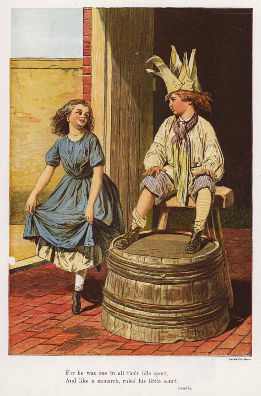 Girl curtseying to a boy playing at being a king by English School