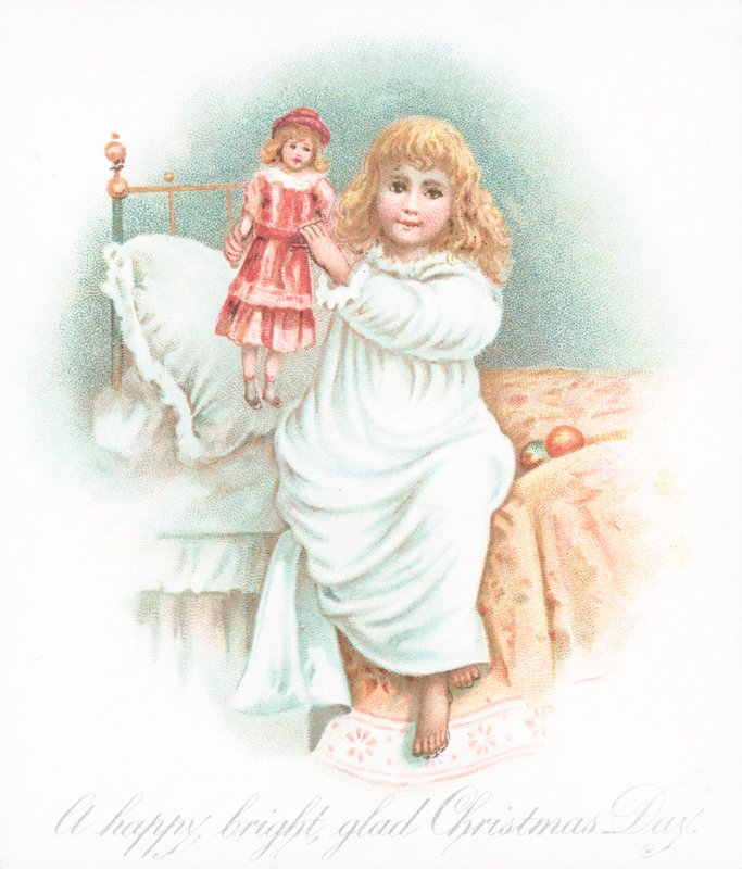 Girl getting out of bed on Christmas morning with present by English School