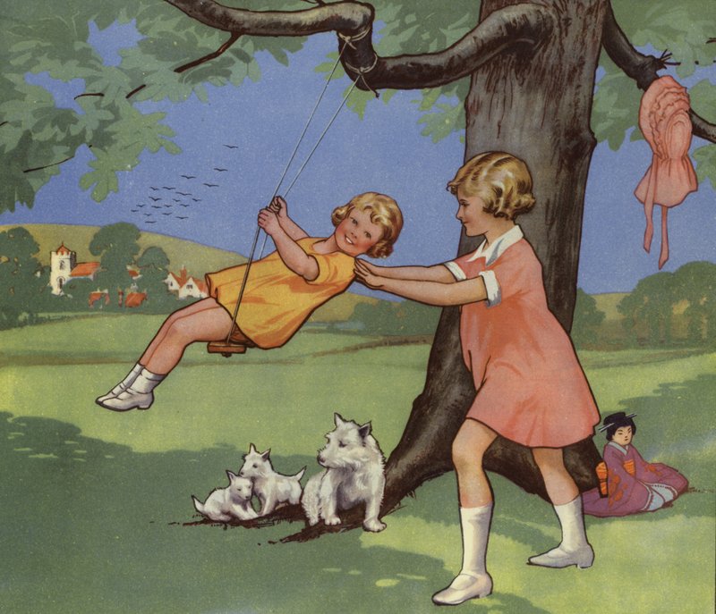 Girls Playing on Swing in English Countryside by English School