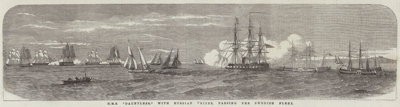 HMS Dauntless, with Russian Prizes, passing the Swedish Fleet by English School