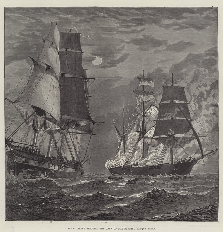 HMS Liffey rescuing the Crew of the Burning Barque Anita by English School