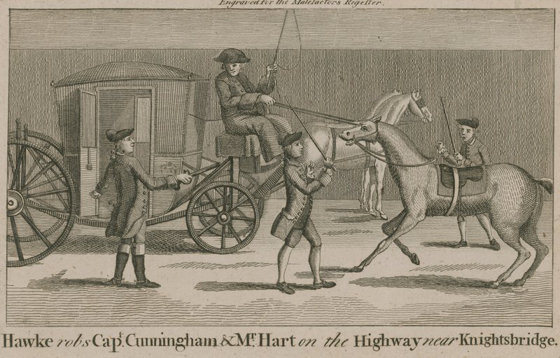 Hawke robs Captain Cunningham and Mr Hart on the highway near Knightsbridge by English School