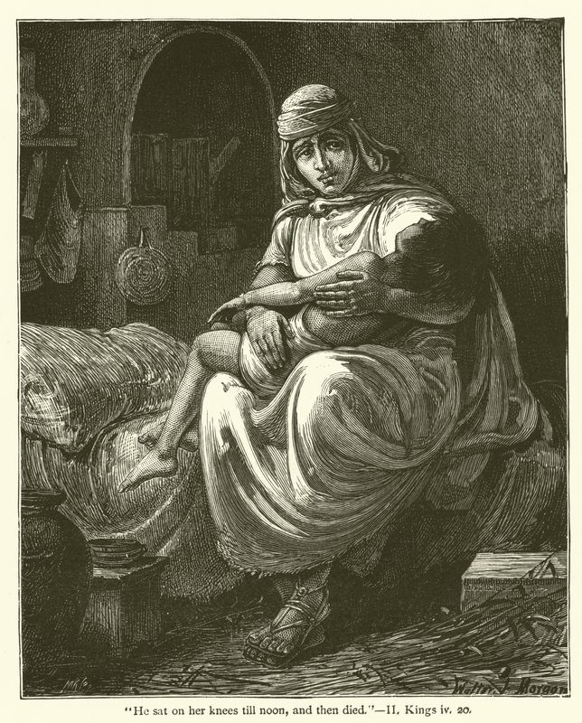 "He sat on her knees till noon, and then died", II, Kings, iv, 20 by English School