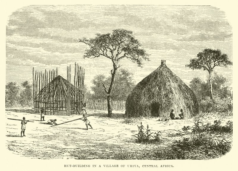 Hut-building in a village of Uhiya, Central Africa by English School