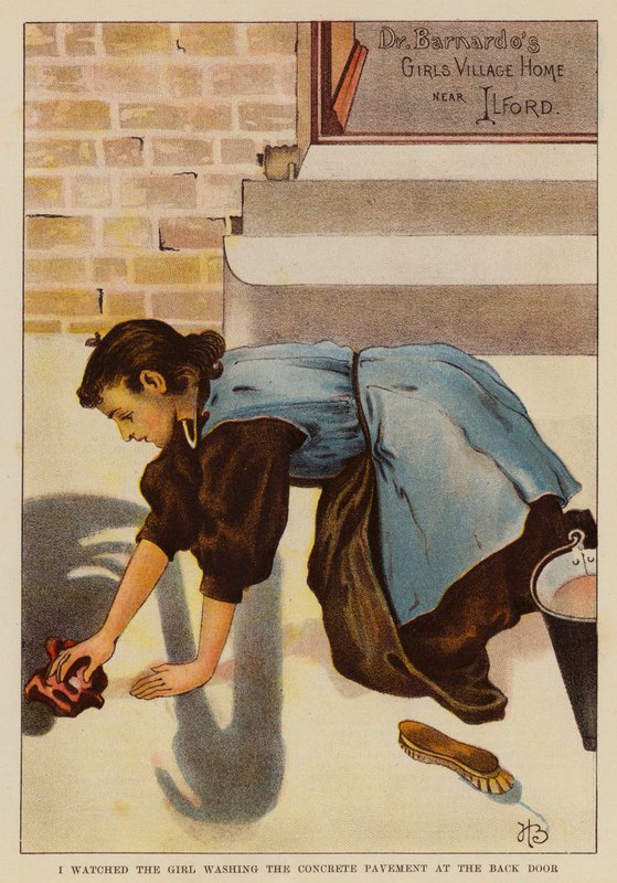 I watched the girl washing the concrete pavement at the back door by English School