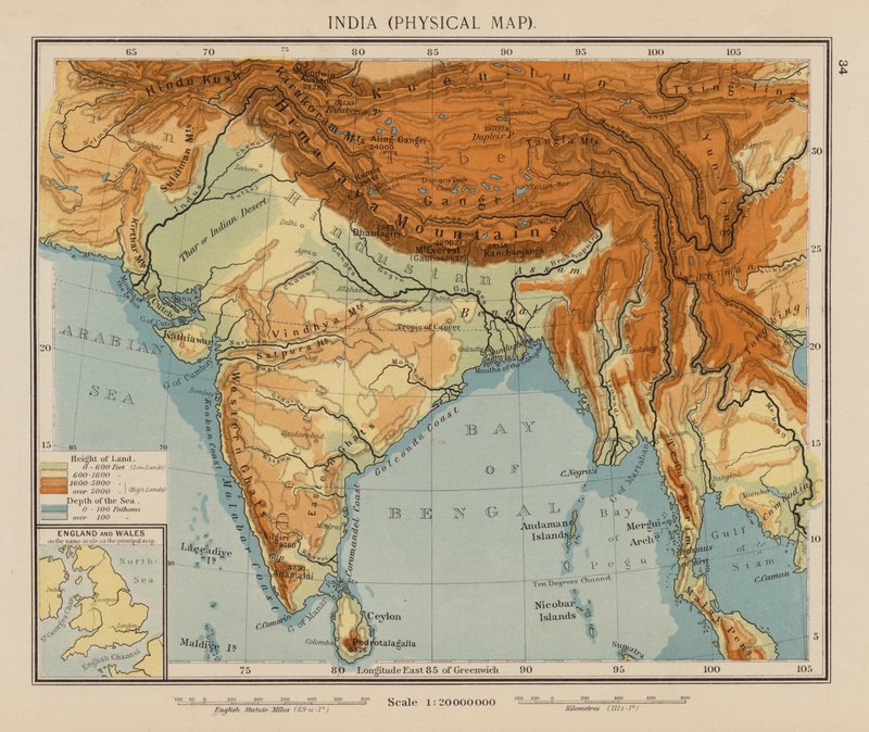 India, Physical Map by English School