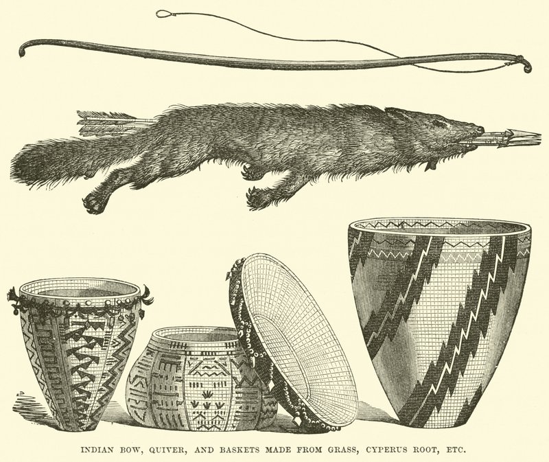 Indian bow, quiver, and baskets made from grass, Cyperus root, etc by English School