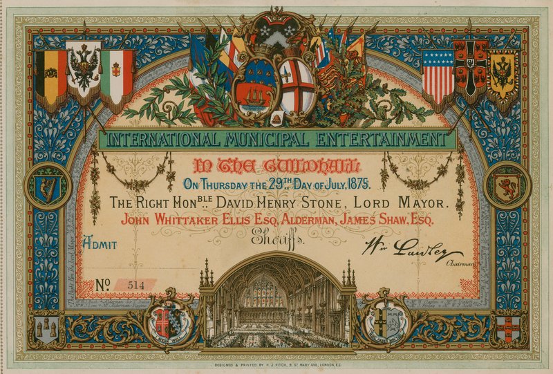 Invitation to International Municipal Entertainment at the Guildhall, London, on 29 July 1875 by English School