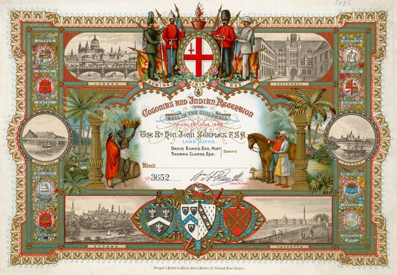 Invitation to a Colonial and Indian Reception at the Guildhall, London, on 25 June 1886 by English School